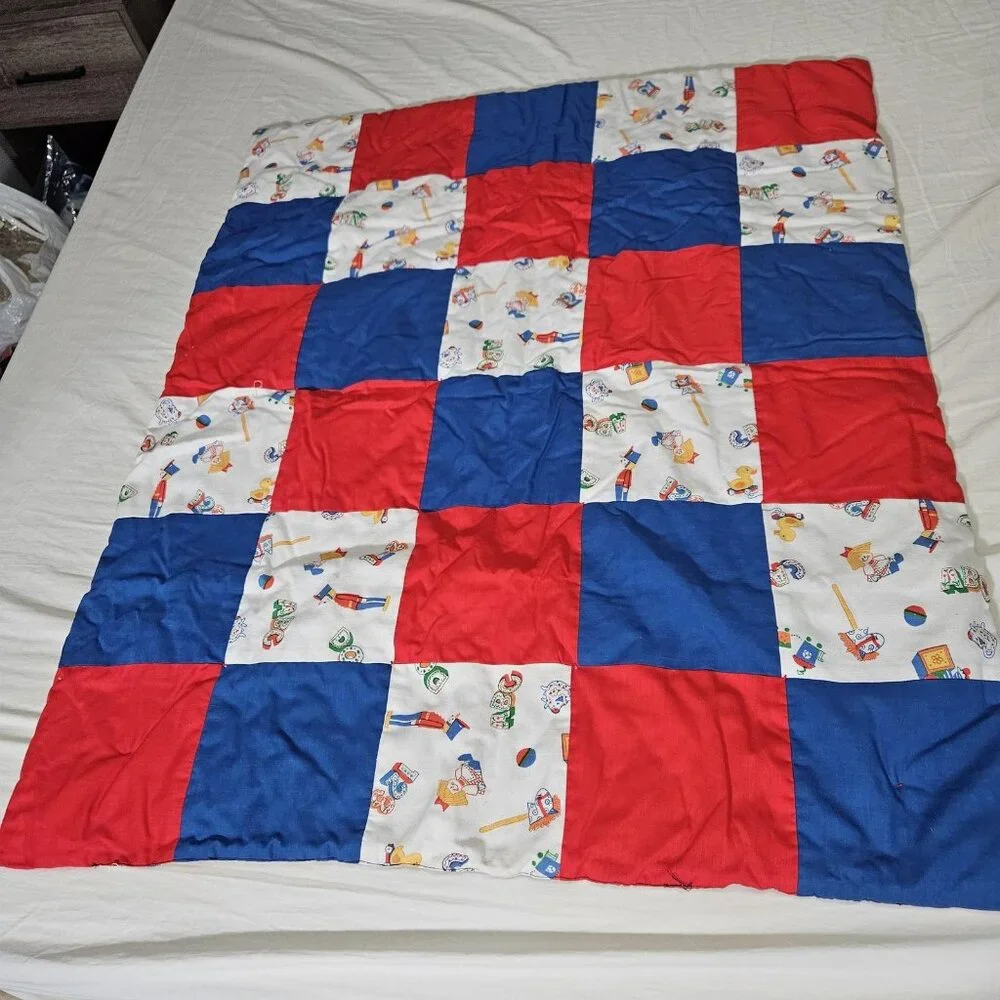 Handmade Baby Quilt Crib Red Gingham Patchwork BABY Applique Reversible 44x37